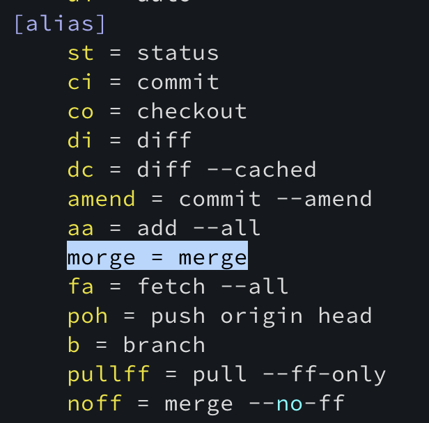 The alias stanza from a git config file. It has a bunch of aliases that don't really matter to the joke, and then has `morge = merge` highlighted.